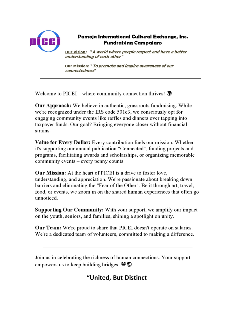 Pamoja International Cultural Exchange, Inc. Fundraising Campaigns